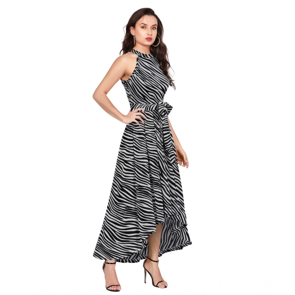 HD Women's Polyester Zebra Pattern Halter Neck Sleeveless Dress (Navy Blue)