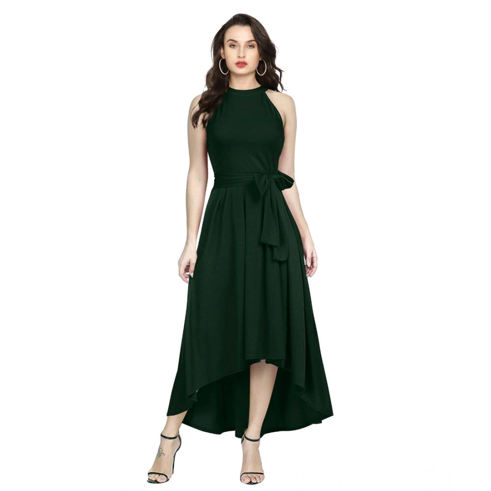 HD Women's Polyster Solid Halter Neck Sleeveless Dress (Green)