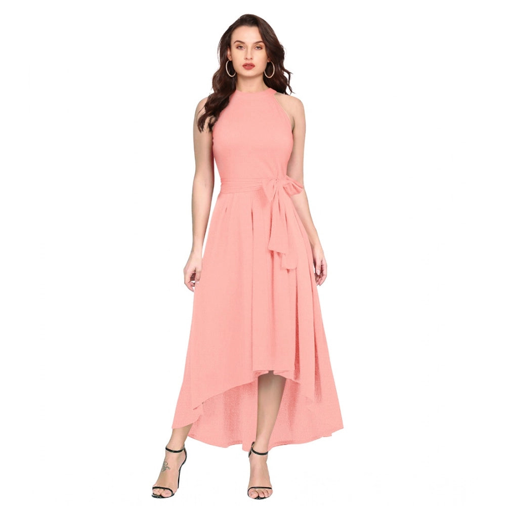 HD Women's Polyster Solid Halter Neck Sleeveless Dress (Peach)