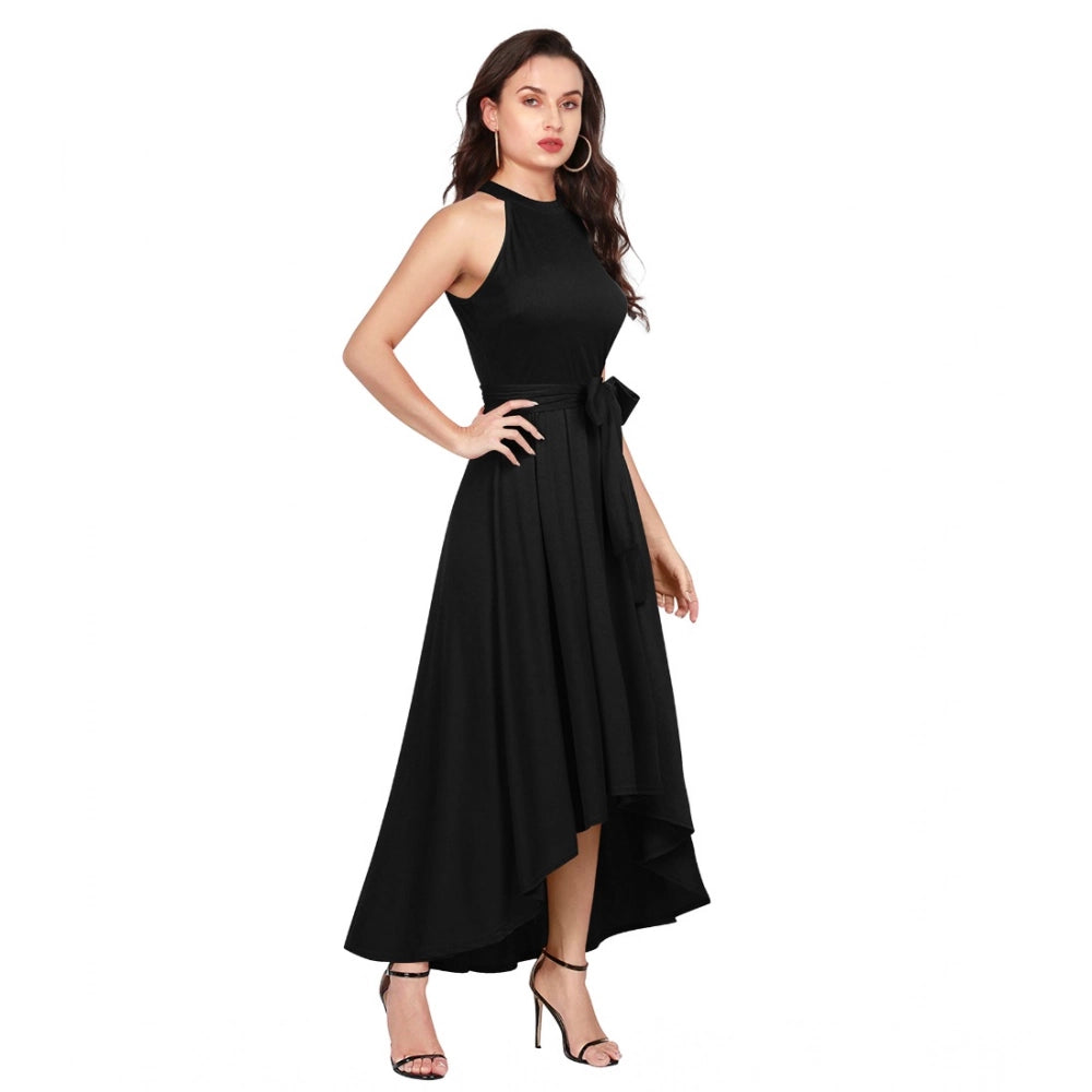 HD Women's Polyster Solid Halter Neck Sleeveless Dress (Black)