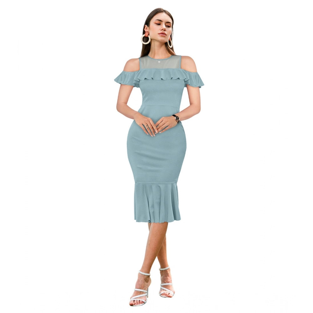 HD Women's Knitting stretchable Solid Round Neck Sleeveless Dress (Pista )
