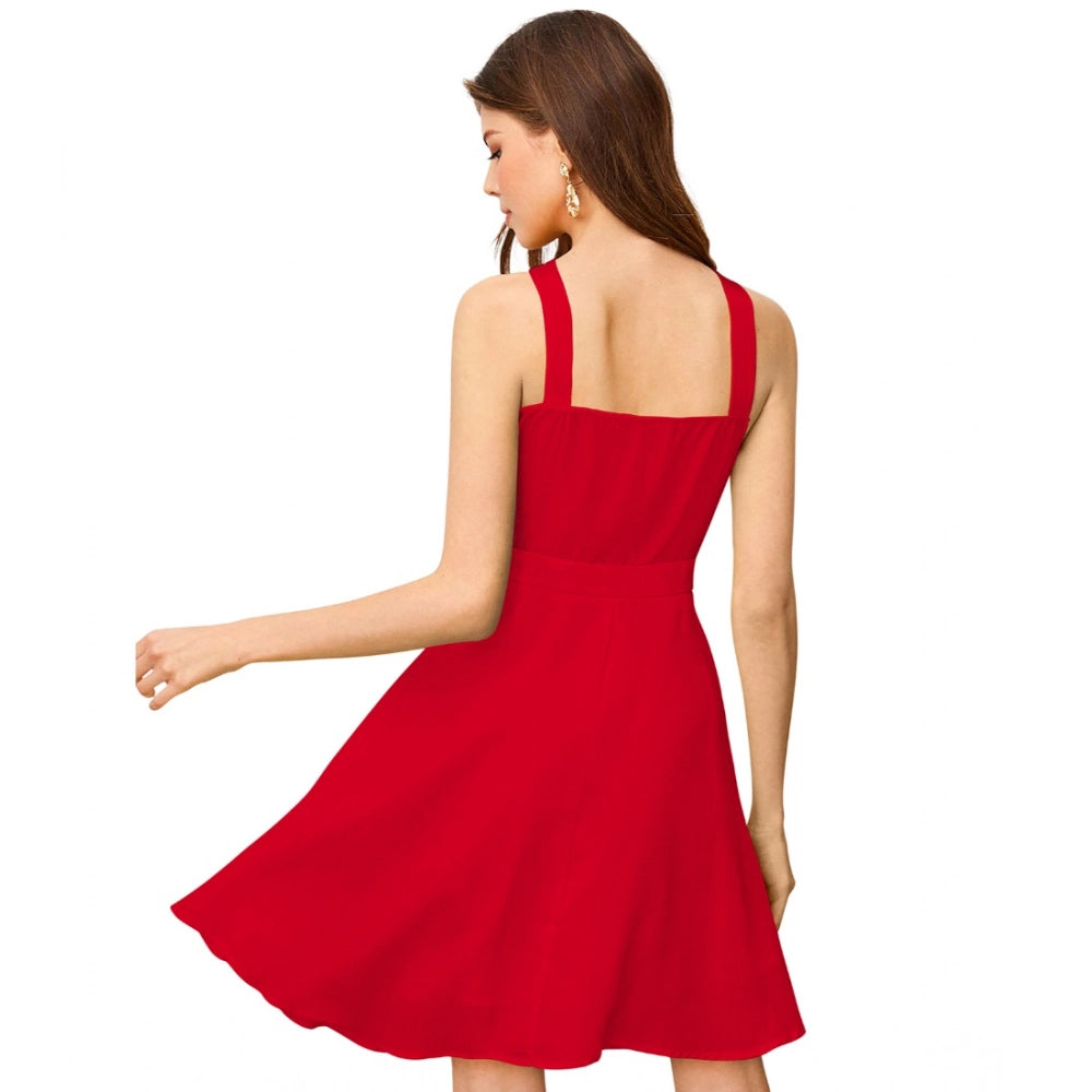 HD Women's Knitting stretchable Solid Halter Neck Sleeveless Dress (Red )