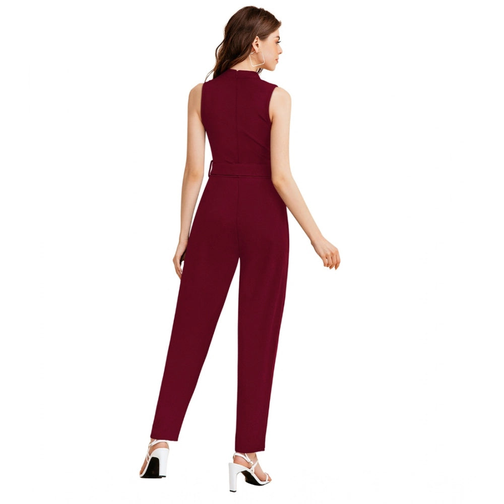 HD Women's Knitting stretchable Solid Round Neck Sleeveless Jumpsuit (Maroon)