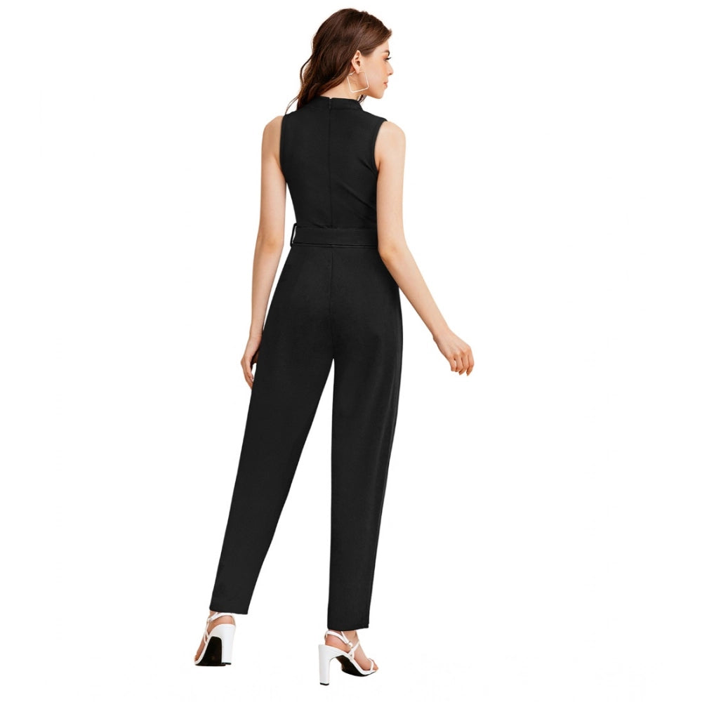 HD Women's Knitting stretchable Solid Round Neck Sleeveless Jumpsuit (Black)