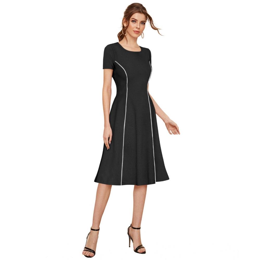 HD Women's Knitting stretchable Solid Round Neck Cap Sleeve Dress (Black)