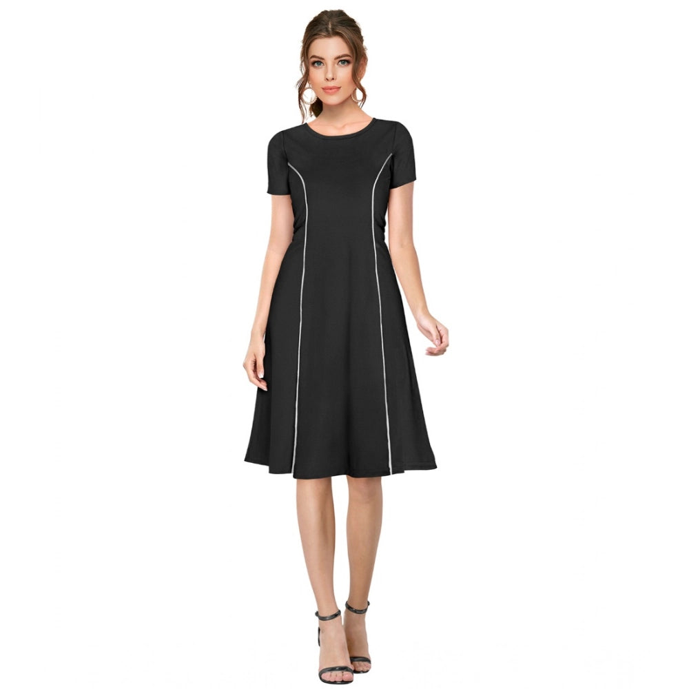HD Women's Knitting stretchable Solid Round Neck Cap Sleeve Dress (Black)