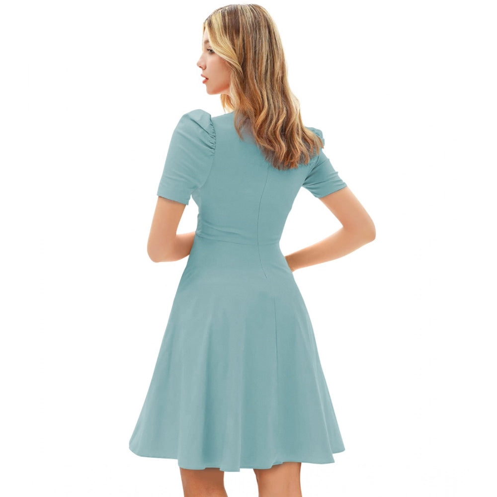 HD Women's Knitting stretchable Solid V Neck Cap Sleeve Dress (Pista)