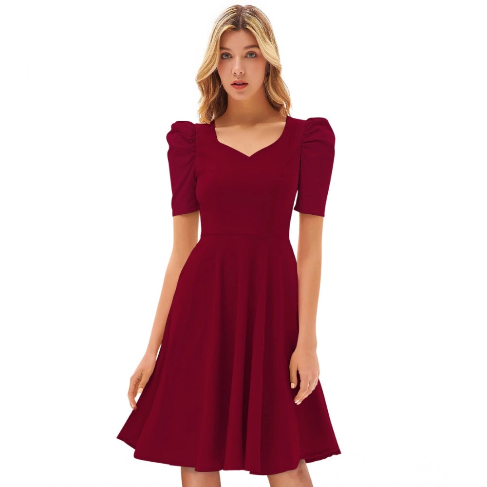 HD Women's Knitting stretchable Solid V Neck Cap Sleeve Dress (Maroon)