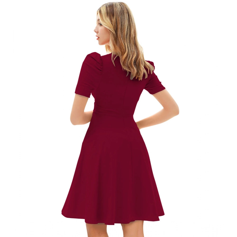 HD Women's Knitting stretchable Solid V Neck Cap Sleeve Dress (Maroon)