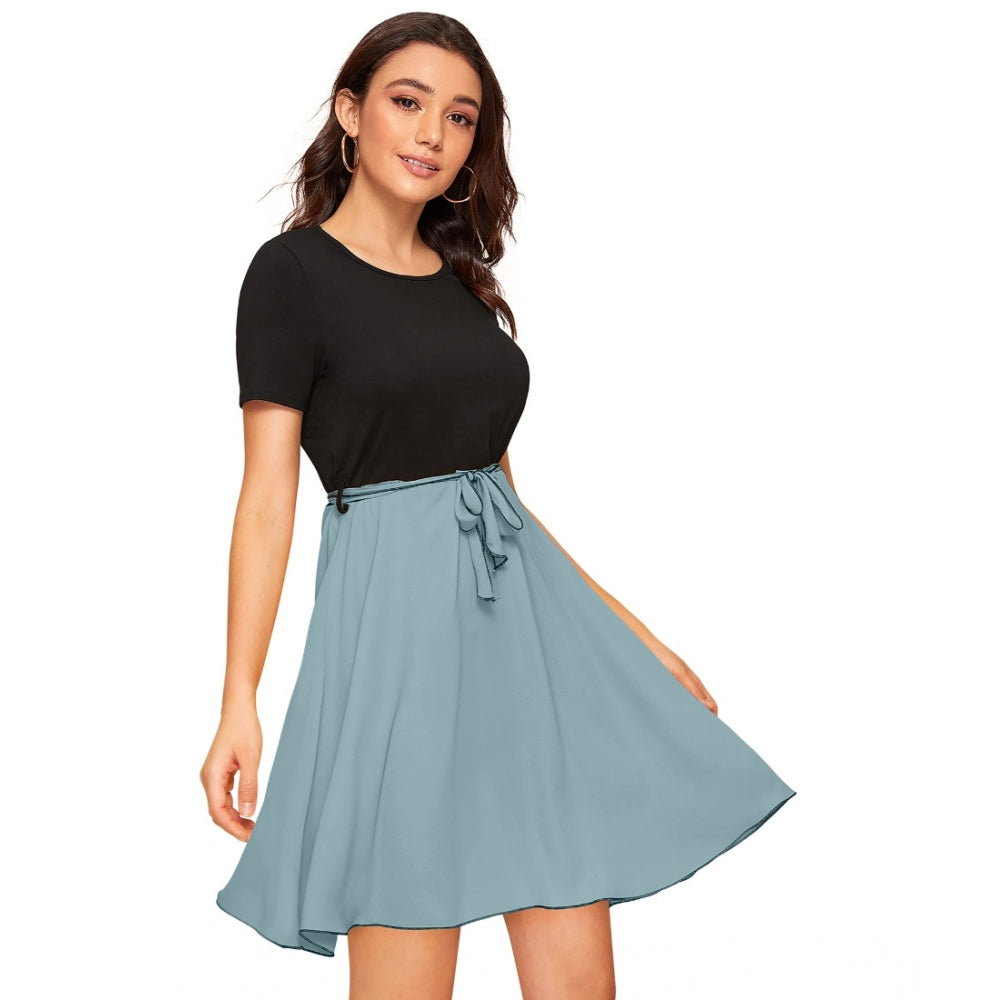HD Women's Knitting stretchable Solid Round Neck Cap Sleeve Dress (Pista)