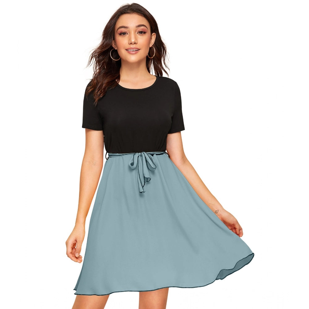 HD Women's Knitting stretchable Solid Round Neck Cap Sleeve Dress (Pista)