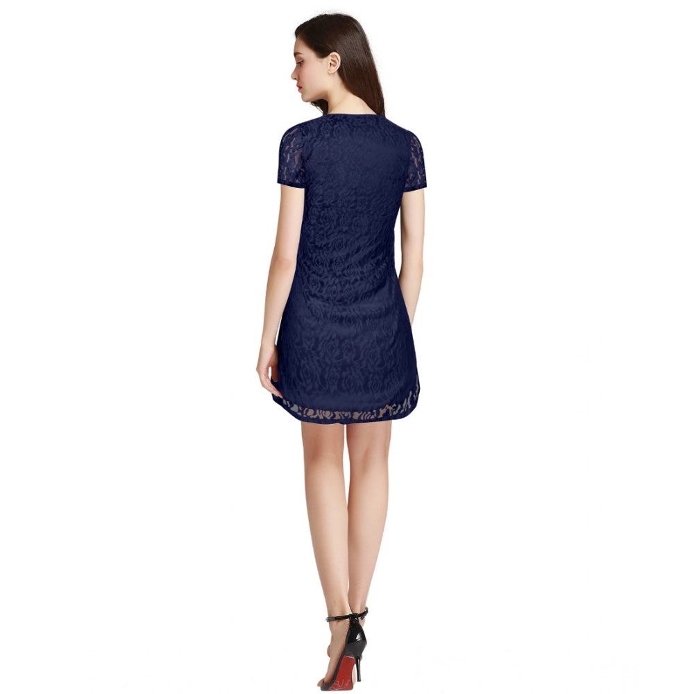 HD Women's Rasal Solid Round Neck Cap Sleeve Dress (Blue)