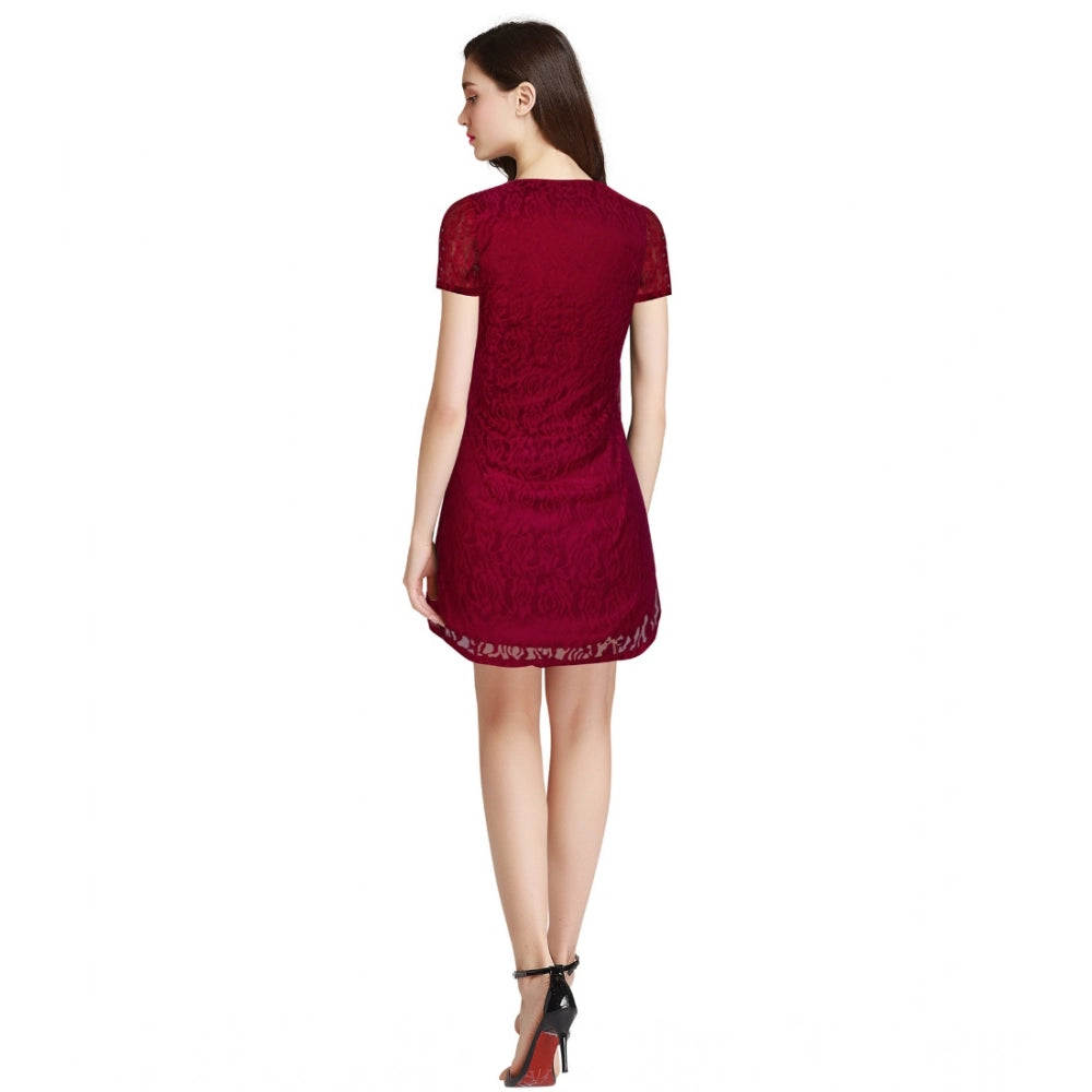 HD Women's Rasal Solid Round Neck Cap Sleeve Dress (Maroon)