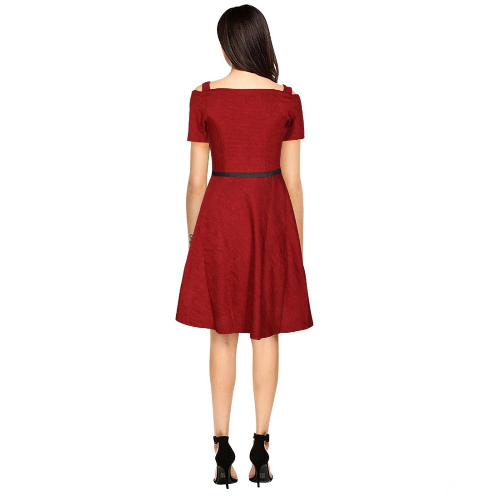 HD Women's Polyester Solid V Neck Cap Sleeve Dress (Maroon)