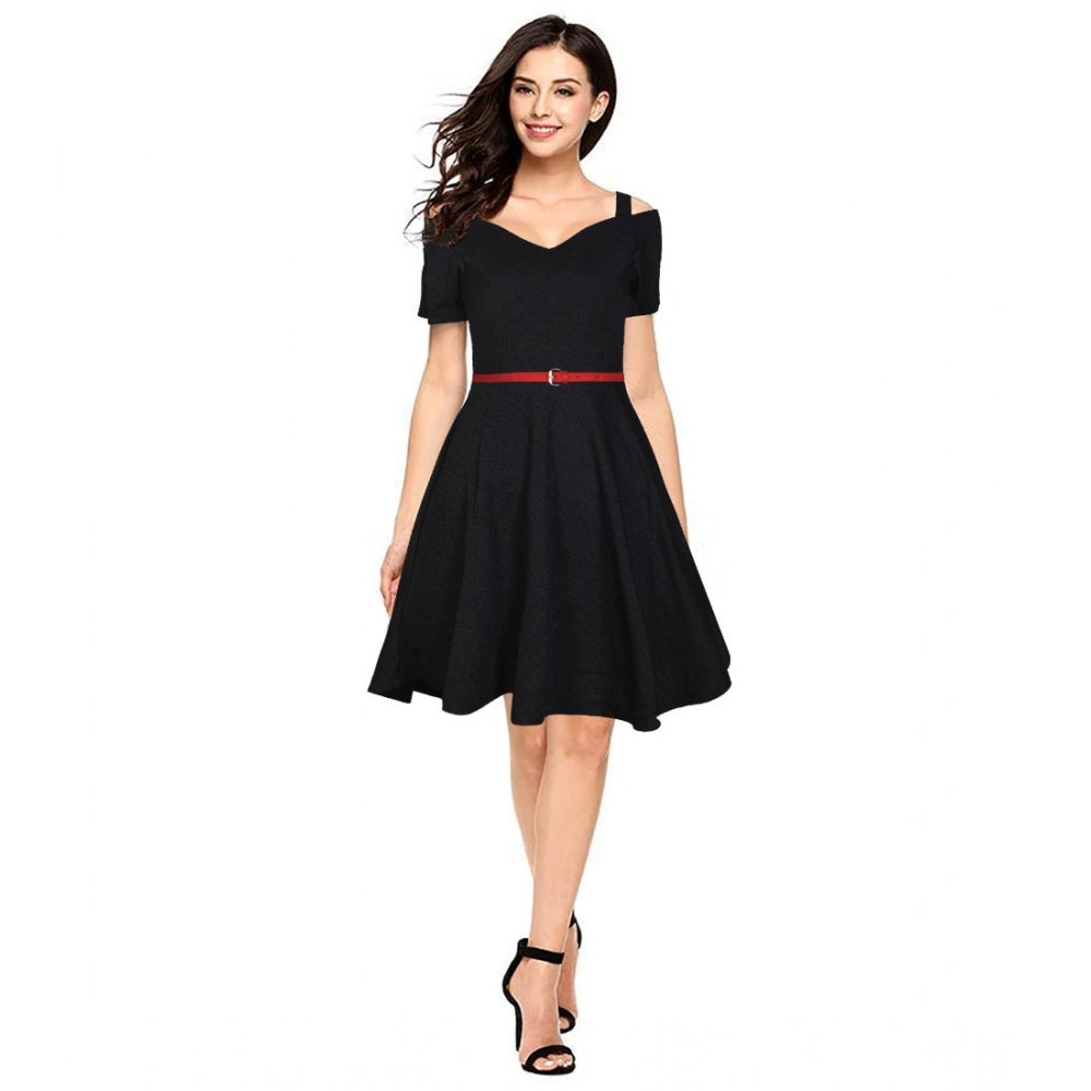 HD Women's Polyester Solid V Neck Cap Sleeve Dress (Black)