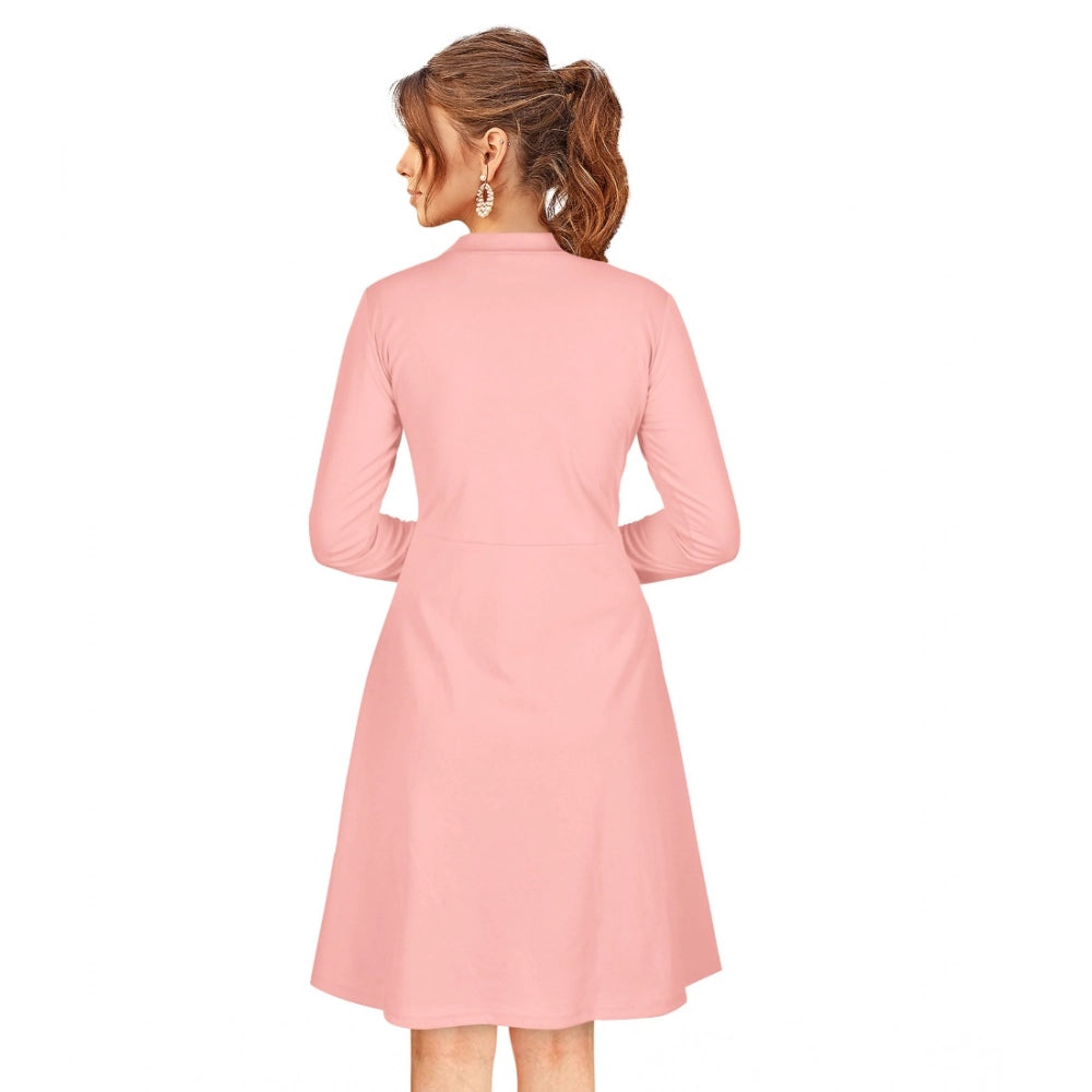 HD Women's Knitting stretchable Solid Round Neck Full Sleeve Dress (Peach)