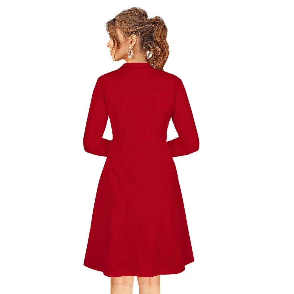 HD Women's Knitting stretchable Solid Round Neck Full Sleeve Dress (Red)
