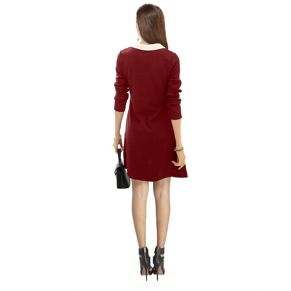 HD Women's Polyester Solid Collar 3-4th Dress (Maroon)