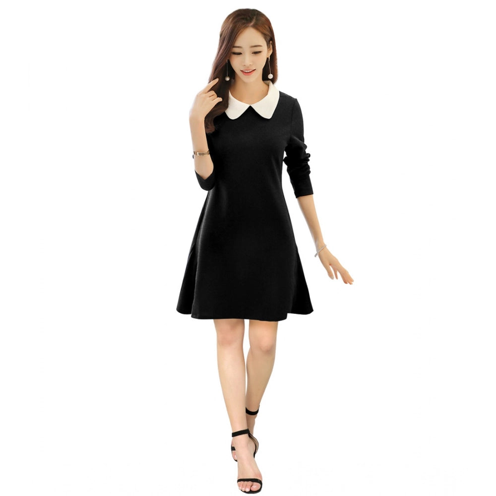 HD Women's Polyester Solid Collar 3-4th Dress (Black)