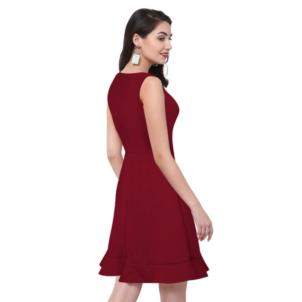 HD Women's Polyester Solid Round Neck Sleeveless Dress (Maroon)