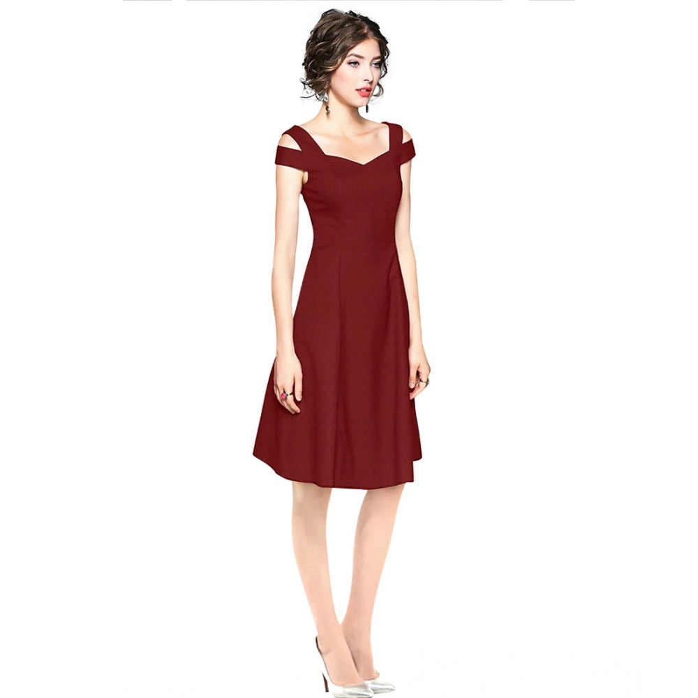 HD Women's Polyester Solid V Neck Cap Sleeve off Shoulder Dress (Maroon)