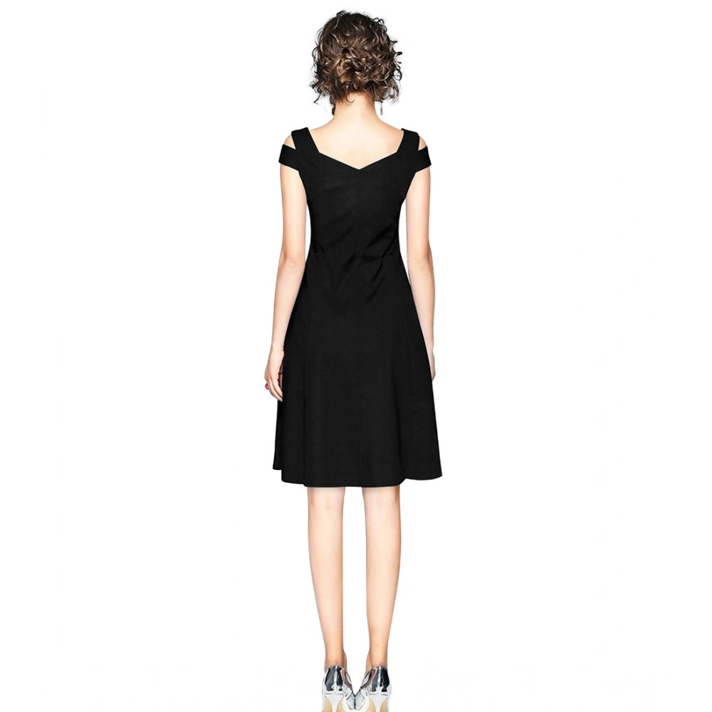 HD Women's Polyester Solid V Neck Cap Sleeve off Shoulder Dress (Black)