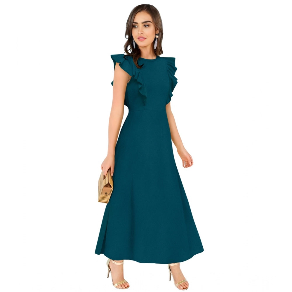 HD Women's Knitting stretchable Solid Round Neck Ruffled Sleeve Dress (Morpich)