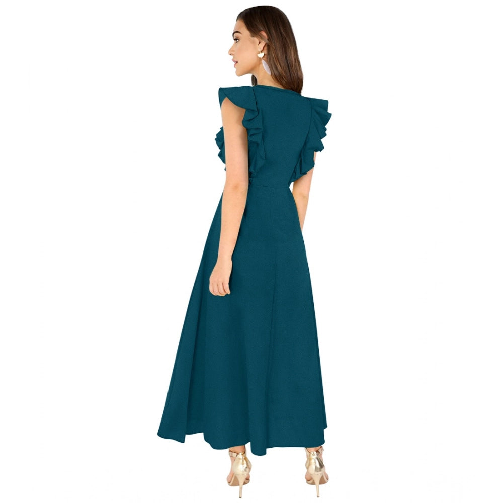 HD Women's Knitting stretchable Solid Round Neck Ruffled Sleeve Dress (Morpich)