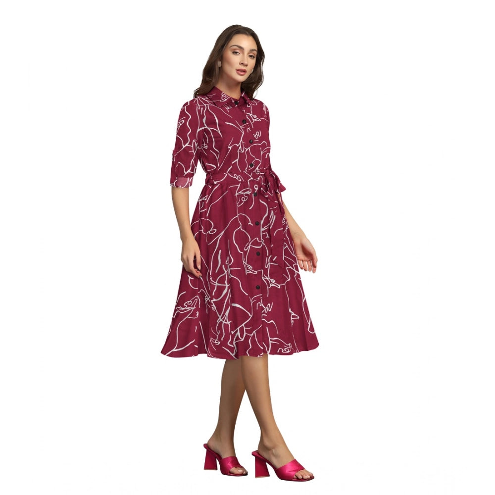 HD Women's Ruby Cotton Printed Shirt Collar 3-4th Sleeve Dress (Maroon)