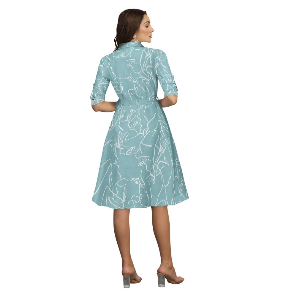 HD Women's Ruby Cotton Printed Shirt Collar 3-4th Sleeve Dress (Pista)