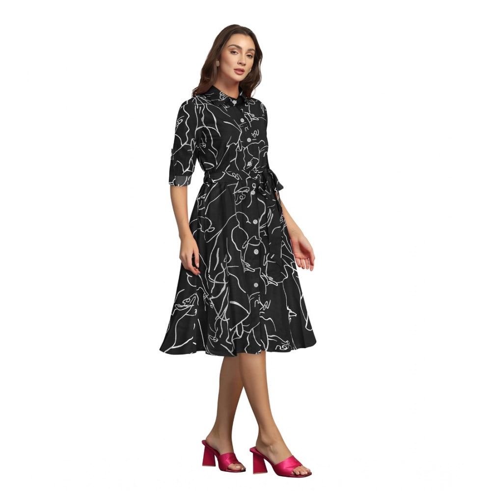 HD Women's Ruby Cotton Printed Shirt Collar 3-4th Sleeve Dress (Black)