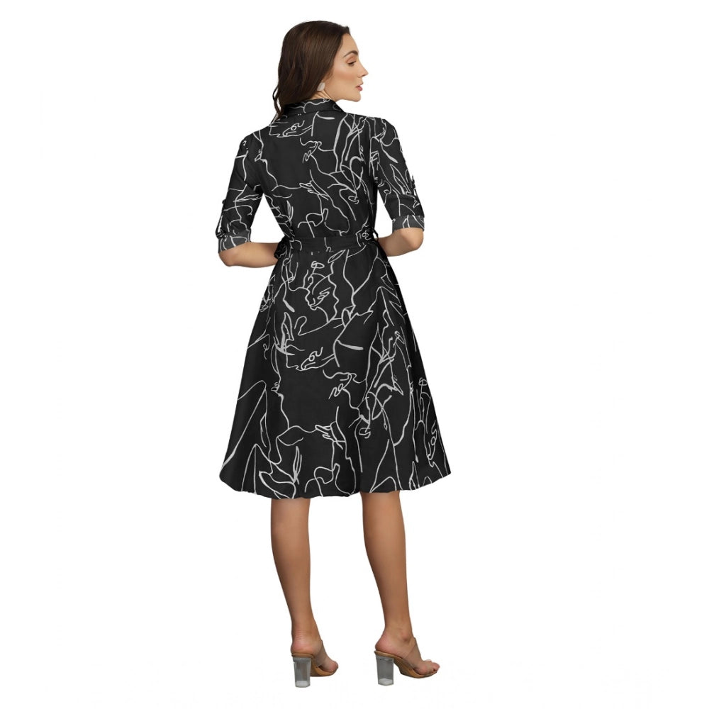 HD Women's Ruby Cotton Printed Shirt Collar 3-4th Sleeve Dress (Black)