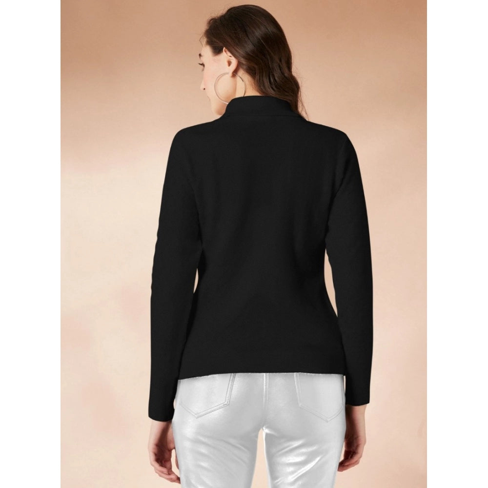 HD Women's Polyester Solid High Neck Full Sleeve T-Shirt (Black)