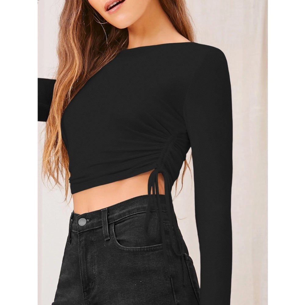 HD Women's Polyester Solid Round Neck Full Sleeve Top (Black)