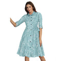 HD Women's Ruby Cotton Printed Shirt Collar 3-4th Sleeve Dress (Pista)