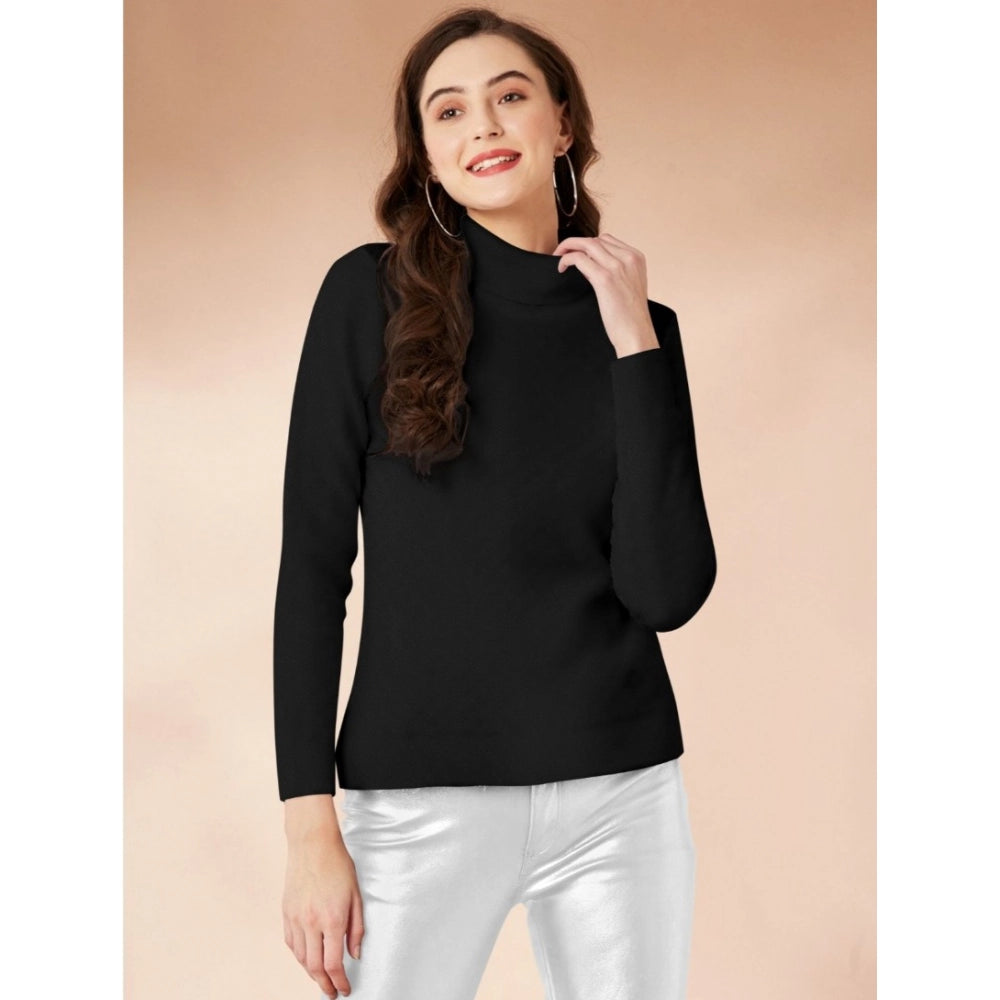 HD Women's Polyester Solid High Neck Full Sleeve T-Shirt (Black)