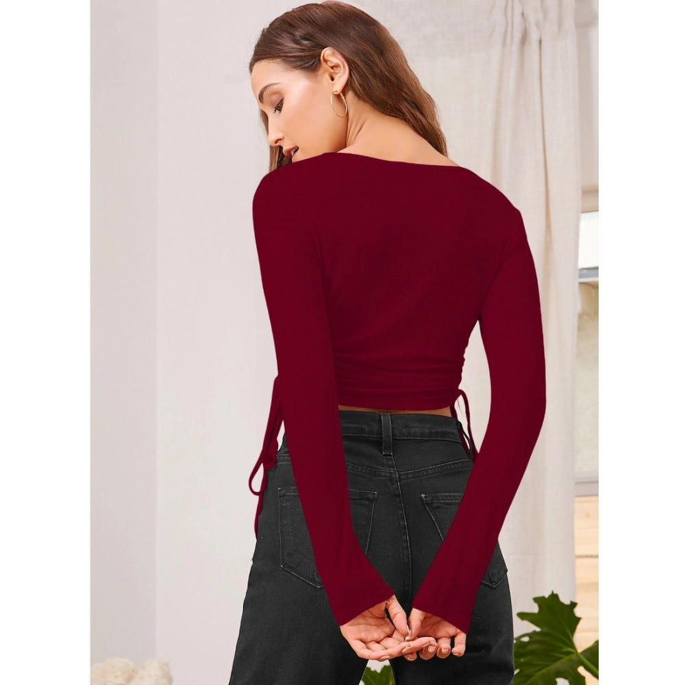 HD Women's Polyester Solid Round Neck Full Sleeve Top (Maroon)