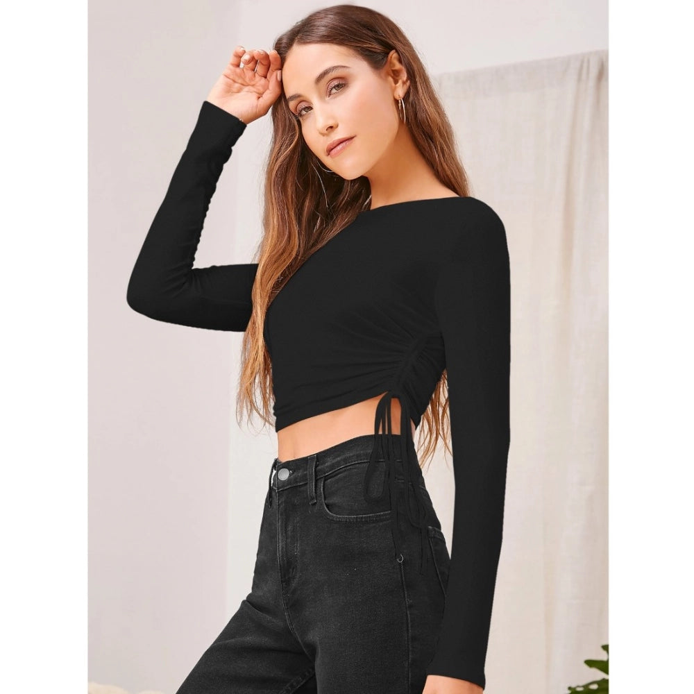 HD Women's Polyester Solid Round Neck Full Sleeve Top (Black)
