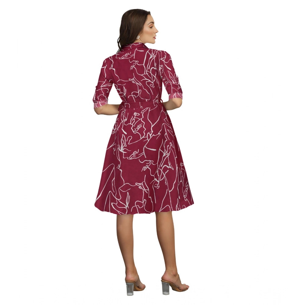 HD Women's Ruby Cotton Printed Shirt Collar 3-4th Sleeve Dress (Maroon)