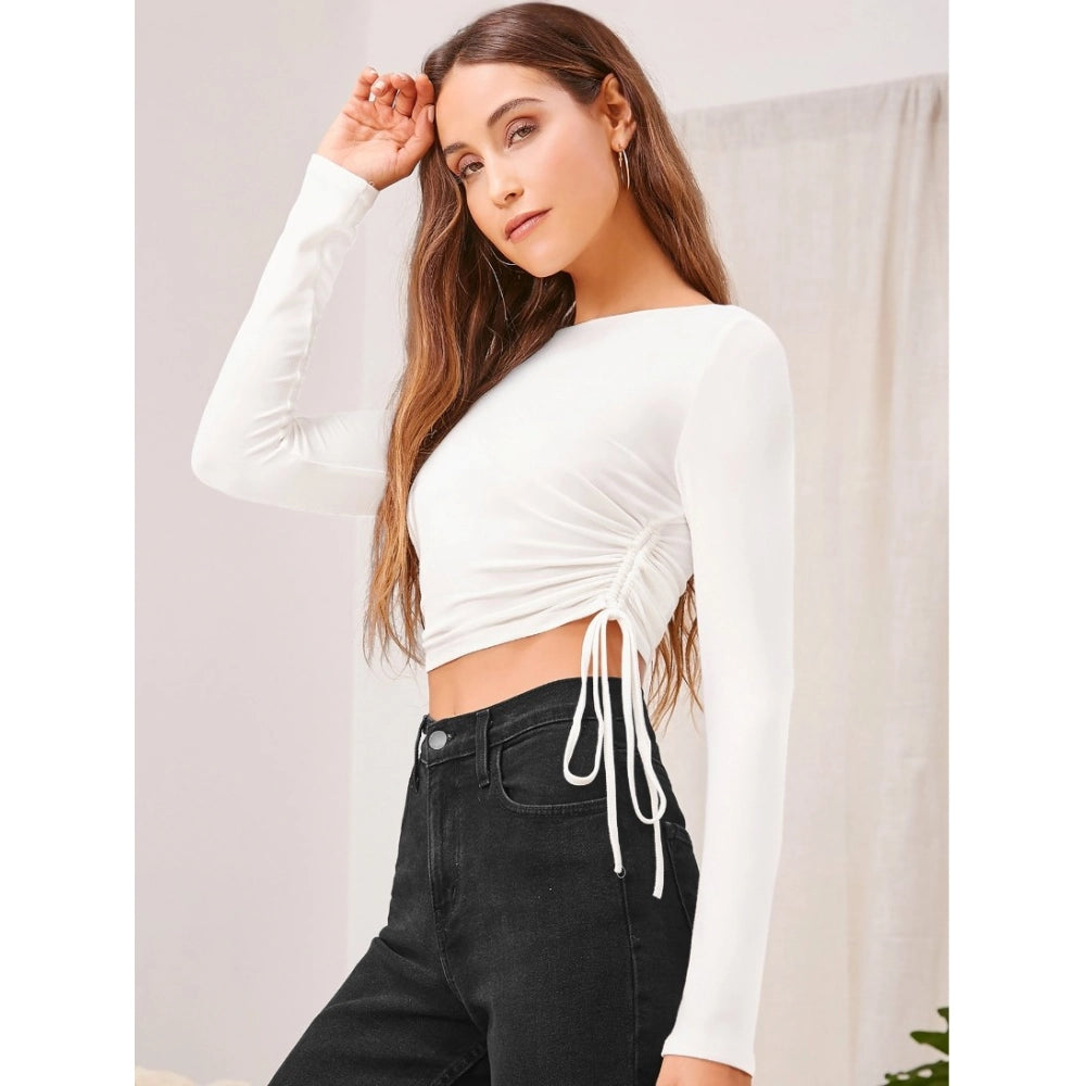 HD Women's Polyester Solid Round Neck Full Sleeve Top (White)