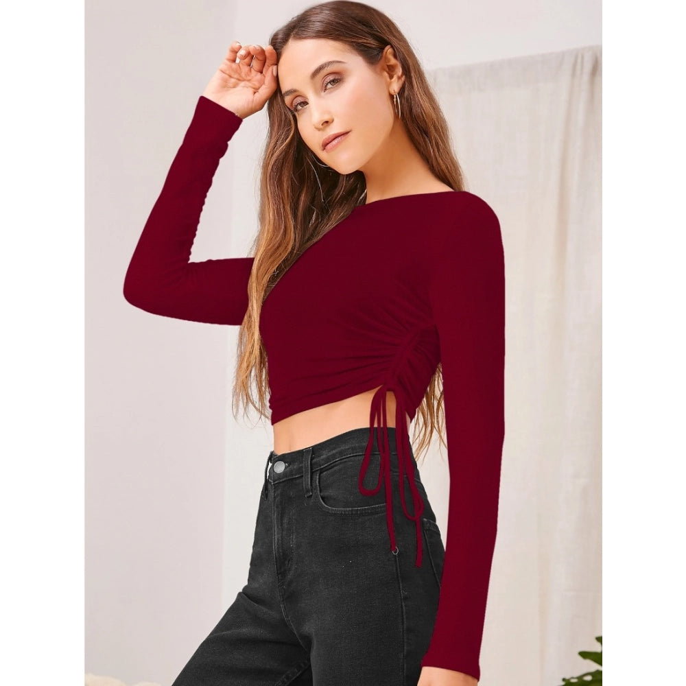 HD Women's Polyester Solid Round Neck Full Sleeve Top (Maroon)