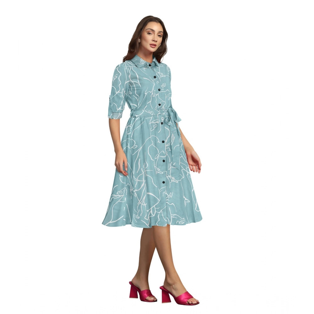 HD Women's Ruby Cotton Printed Shirt Collar 3-4th Sleeve Dress (Pista)