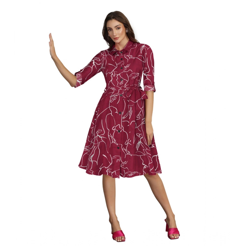 HD Women's Ruby Cotton Printed Shirt Collar 3-4th Sleeve Dress (Maroon)