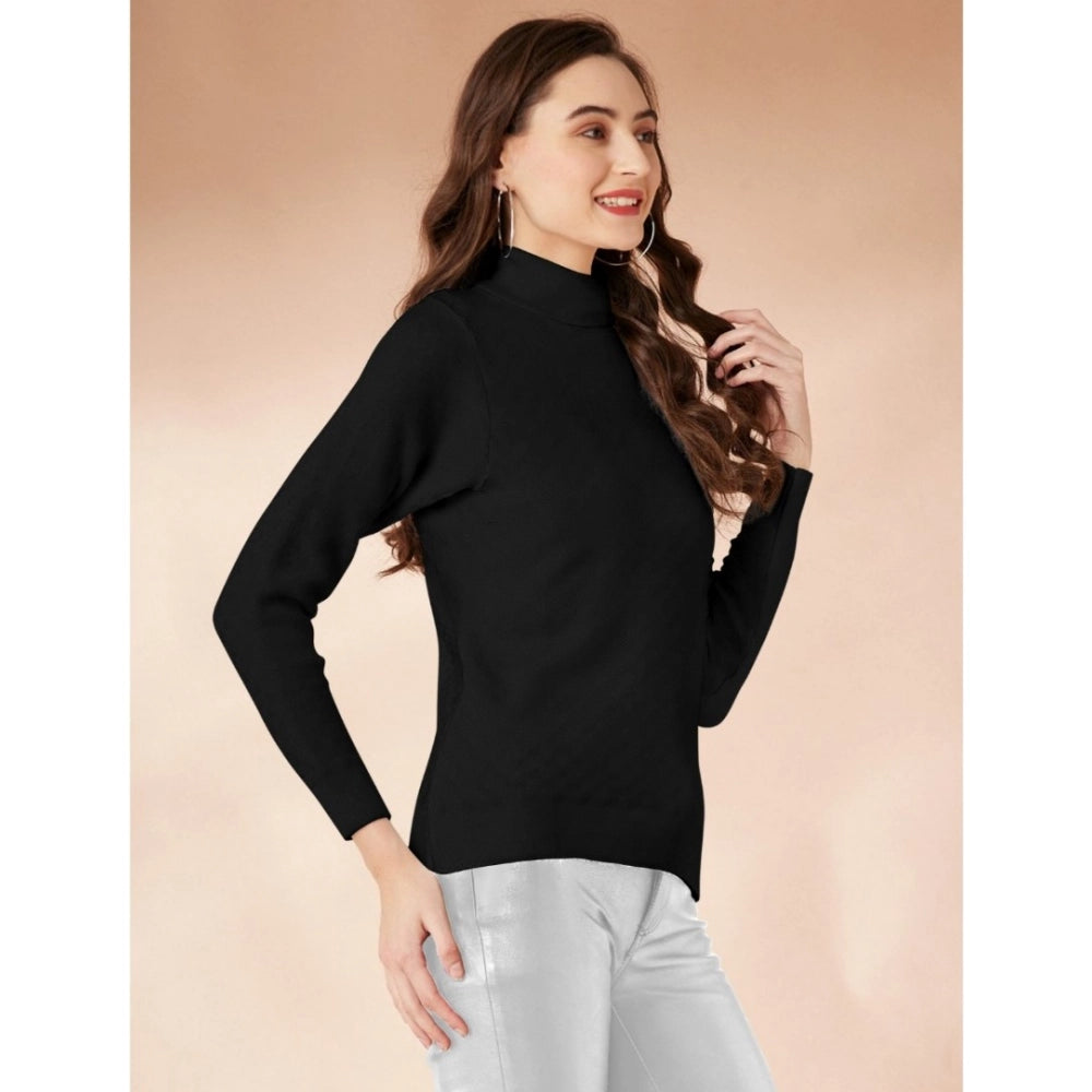 HD Women's Polyester Solid High Neck Full Sleeve T-Shirt (Black)