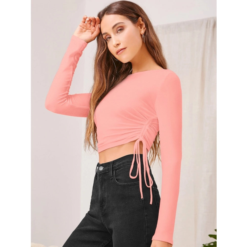 HD Women's Polyester Solid Round Neck Full Sleeve Top (Peach)