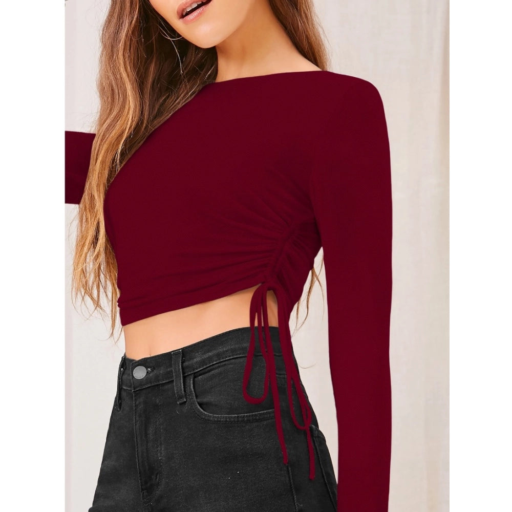 HD Women's Polyester Solid Round Neck Full Sleeve Top (Maroon)
