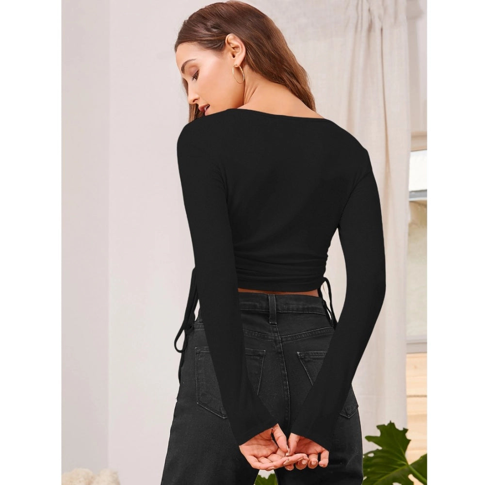 HD Women's Polyester Solid Round Neck Full Sleeve Top (Black)