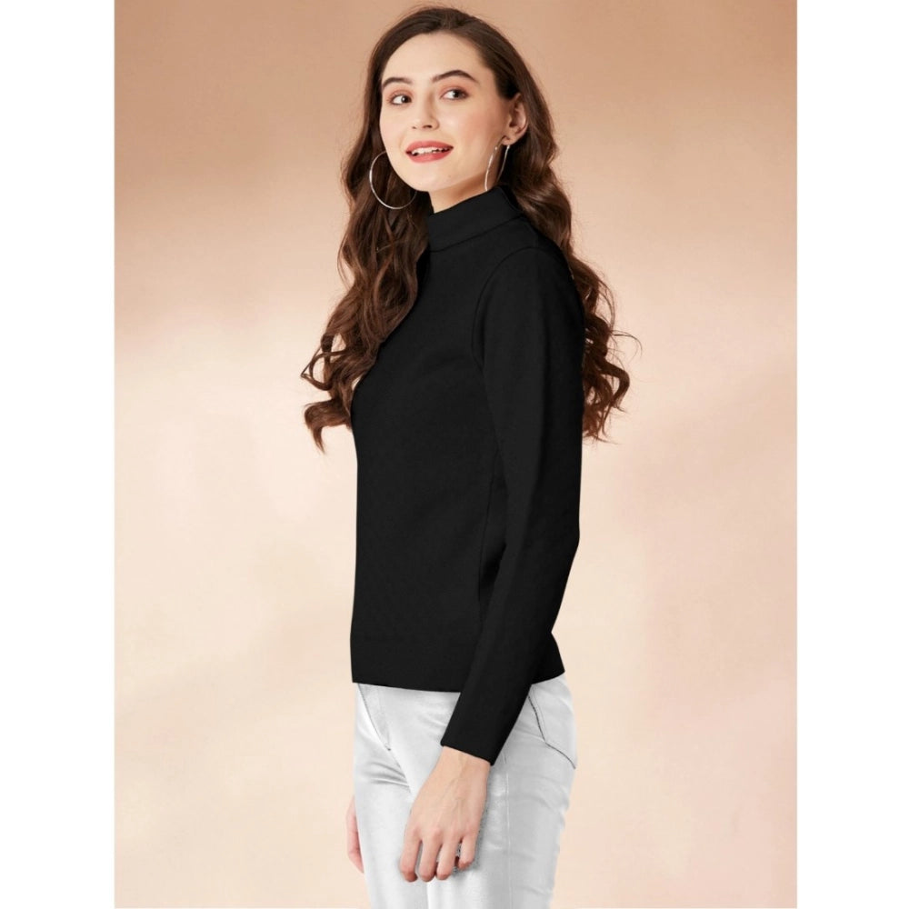 HD Women's Polyester Solid High Neck Full Sleeve T-Shirt (Black)