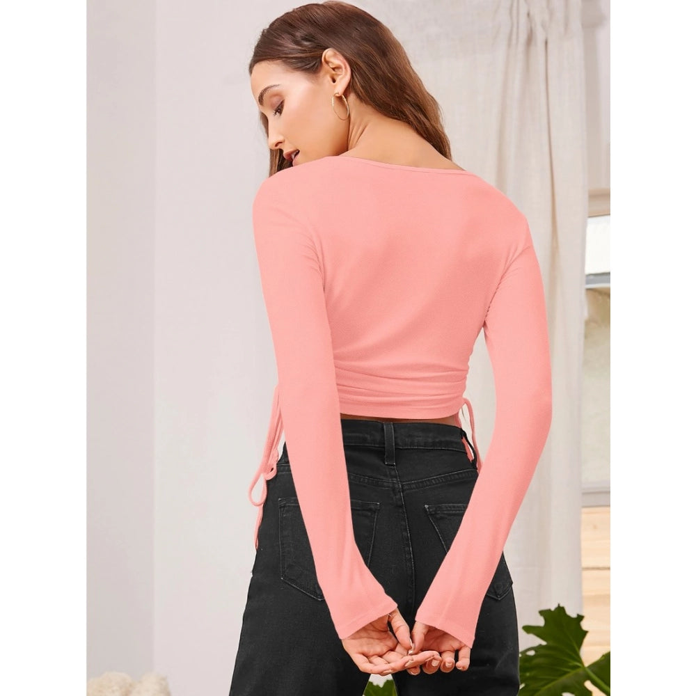 HD Women's Polyester Solid Round Neck Full Sleeve Top (Peach)