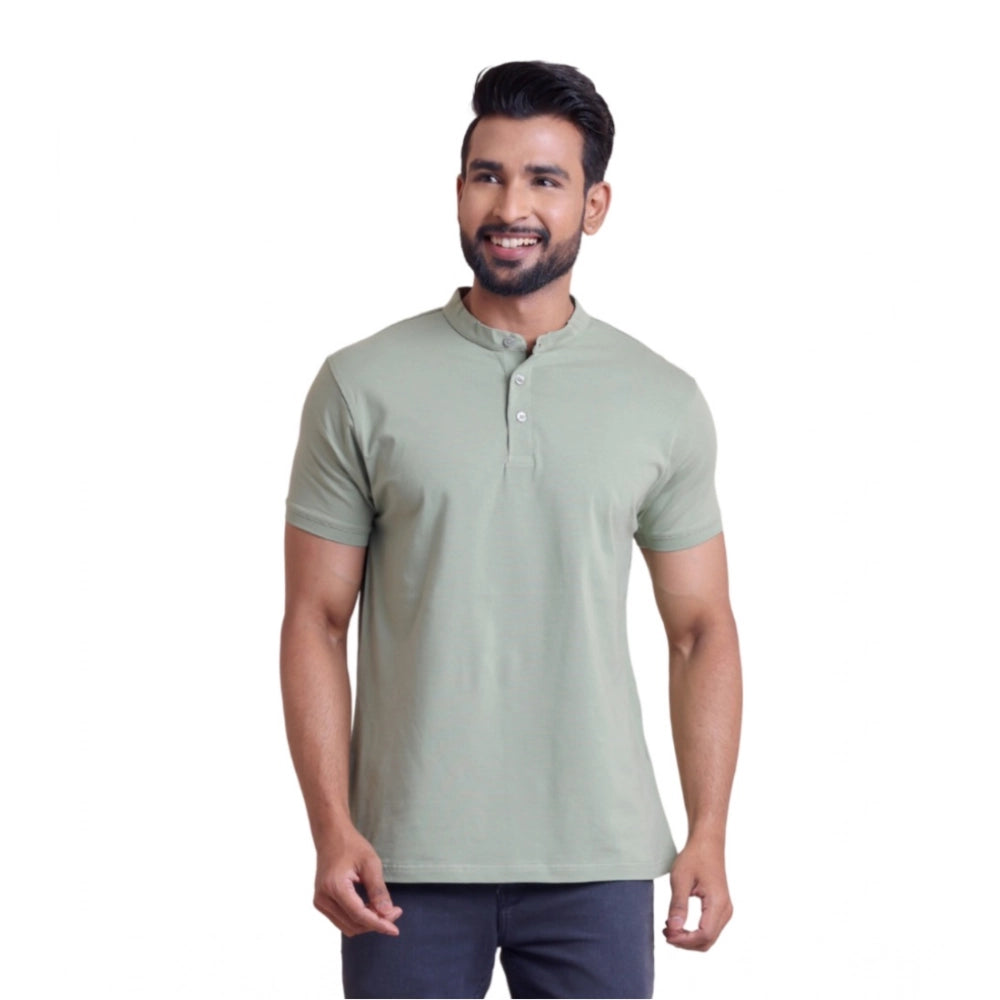 HamariDookan Men's Casual Cotton Solid Half Sleeve Mandarin Collar T-Shirt (Newsage)